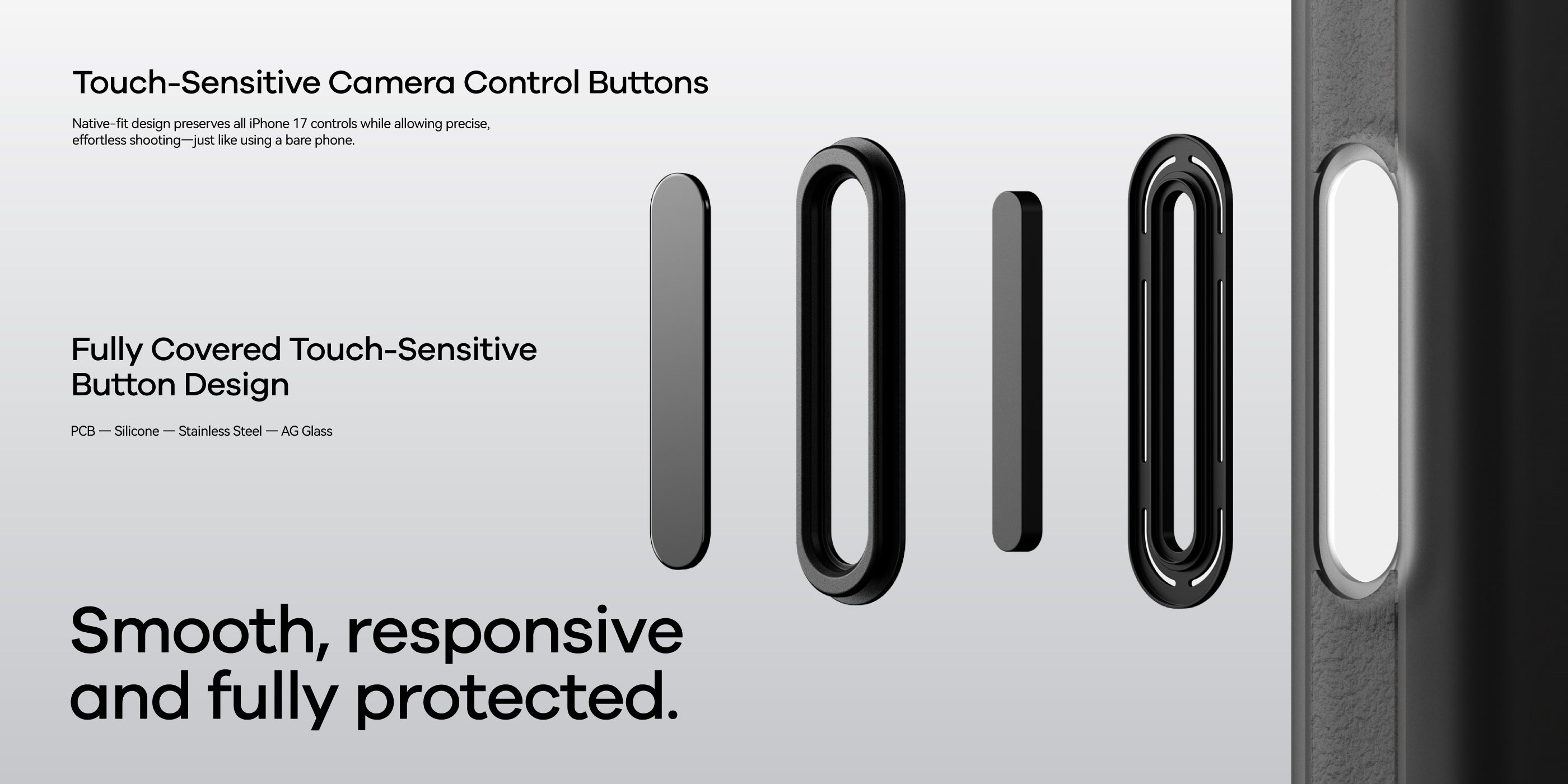 Detailed view of independent aluminum buttons on AULUMU A17 frosted iPhone 17 case