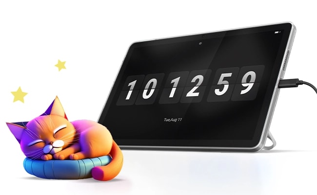 Lenovo Tab stand modunda, yanında uyuyan renkli animasyonlu bir kedinin eşlik ettiği bir saat arayüzü görüntülüyor.