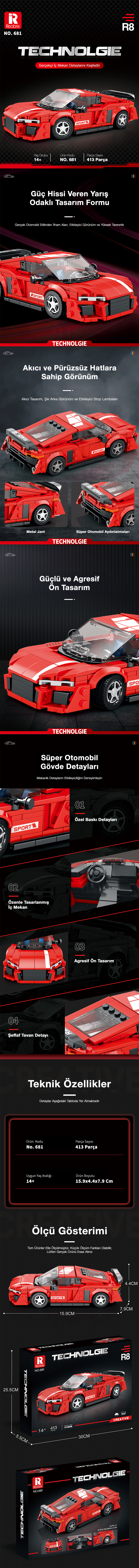 Reobrix Sports Car Audi R8 681 Brick Yapım Seti