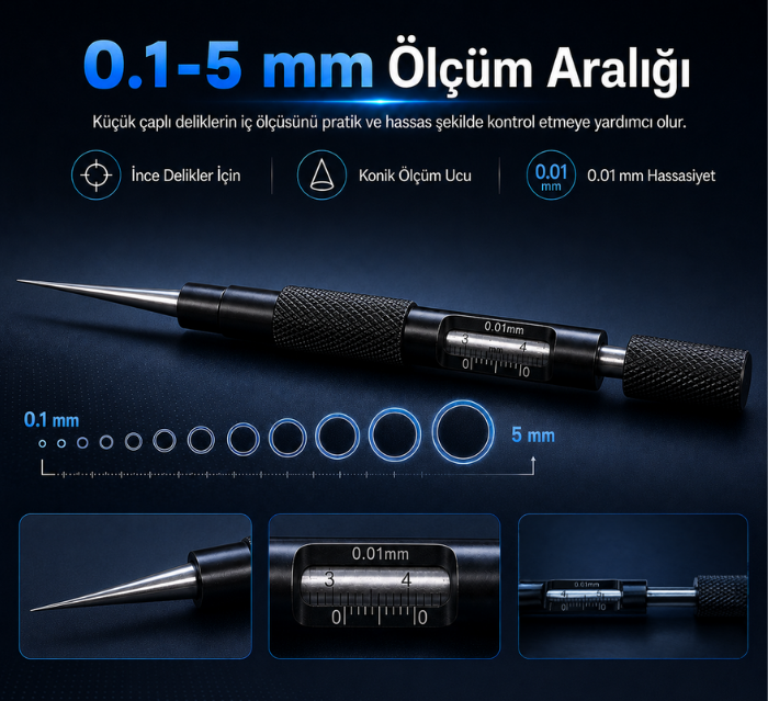 KC-05 delik çap ölçerde 0.1-5 mm ölçüm aralığı
