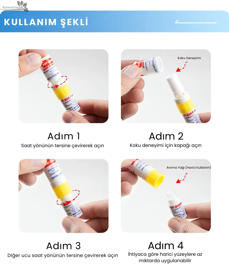 Poy-Sian Çift Uçlu Aromaterapi Inhaler – Nane & Mentol Koku Yağı kullanım şekli ve açma yönleri