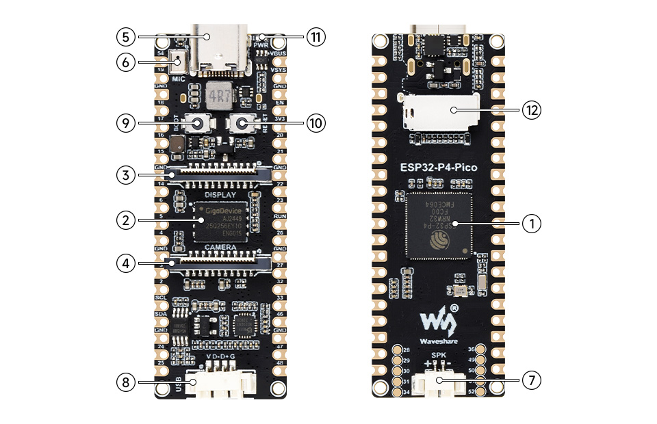 ESP32-P4-Pico üzerindeki MIPI DSI MIPI CSI USB ses ve SD kart bağlantıları