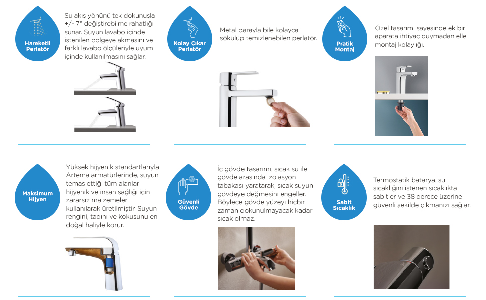 Hareketli perlatör; kolay çıkar perlatör; pratik montaj maksimum hijyen güvenli gövde sabit sıcaklık