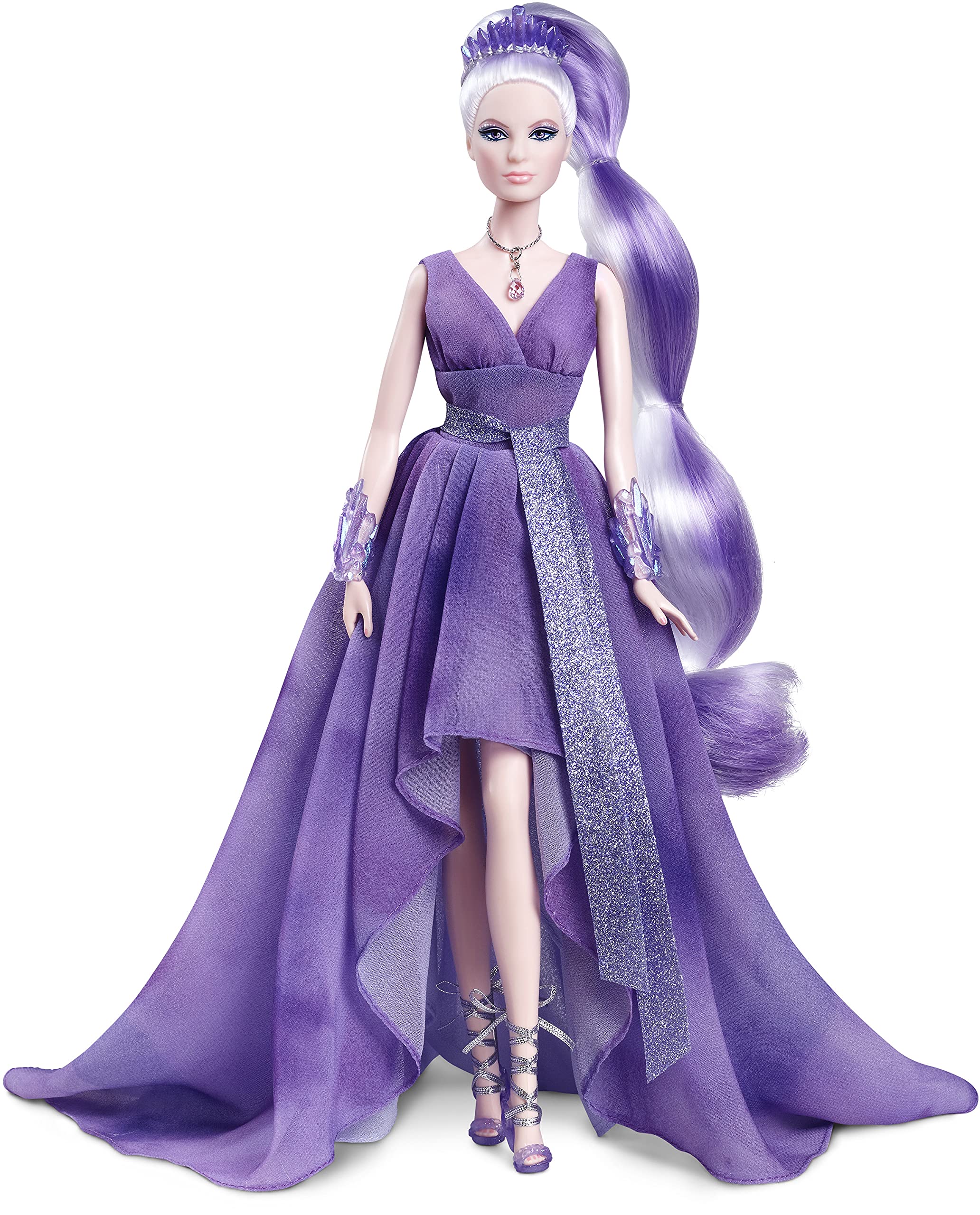 Amazon.com: Barbie Crystal Fantasy Collection Amethyst Doll (13-in, Platinum Hair) with Genuine Amethyst Stone Necklace, Wearing Gown and Accessories, Gift for Collectors : Toys & Games
