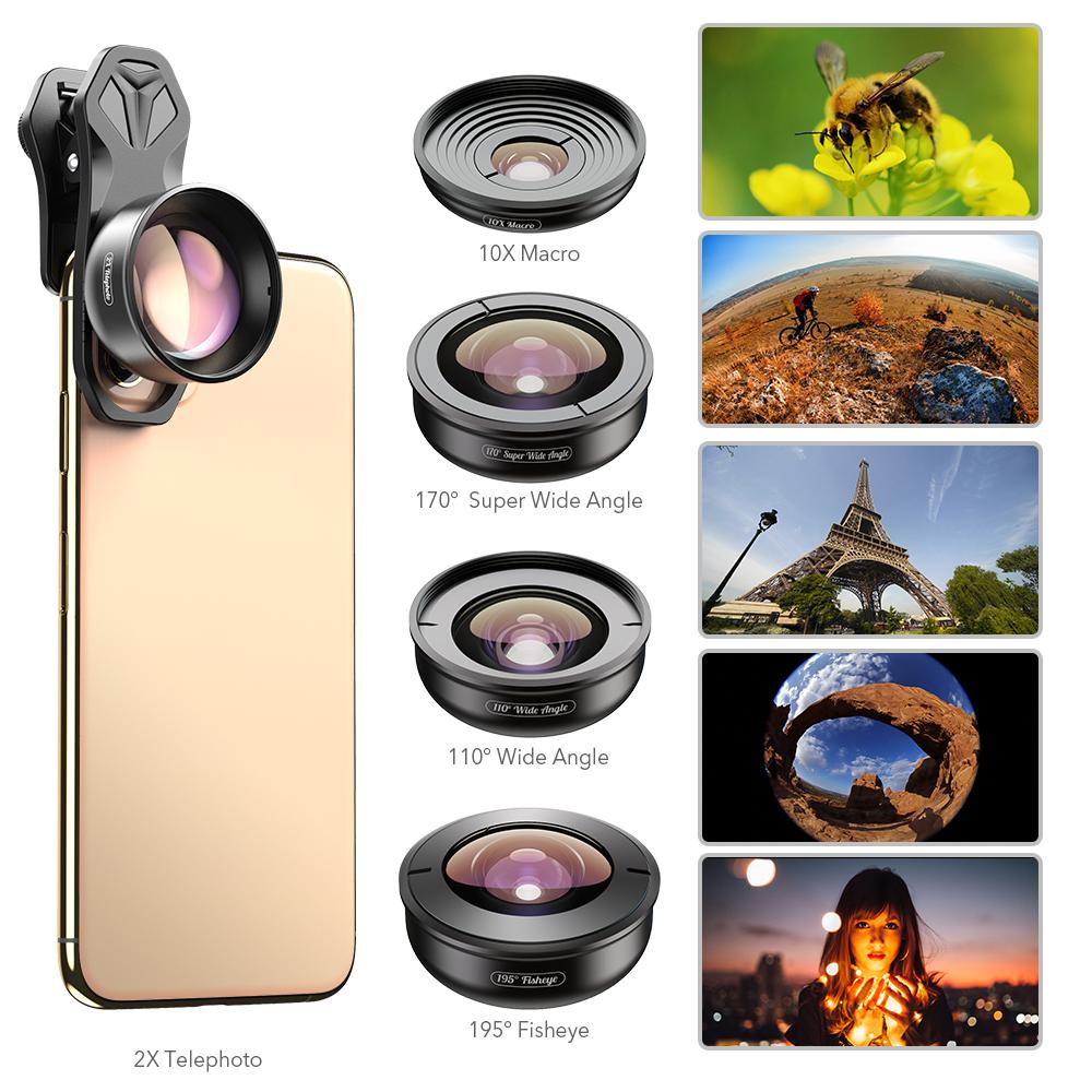 5'i 1 arada 4K HD Telefon Kamera Lensi Kitleri Geniş Açı Makro Telefoto Balıkgözü APEXEL 