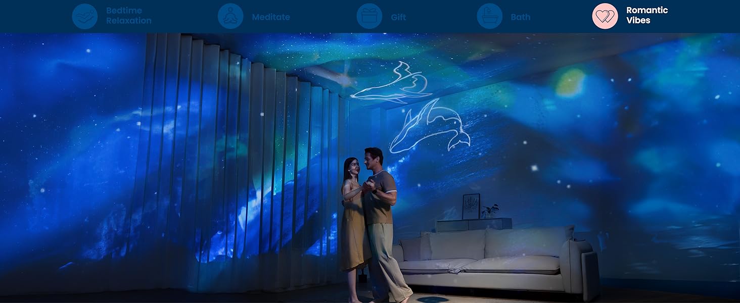 Couple silhouetted against a blue-lit backdrop with water droplets and a glowing constellation-like pattern, creating a romantic atmosphere.