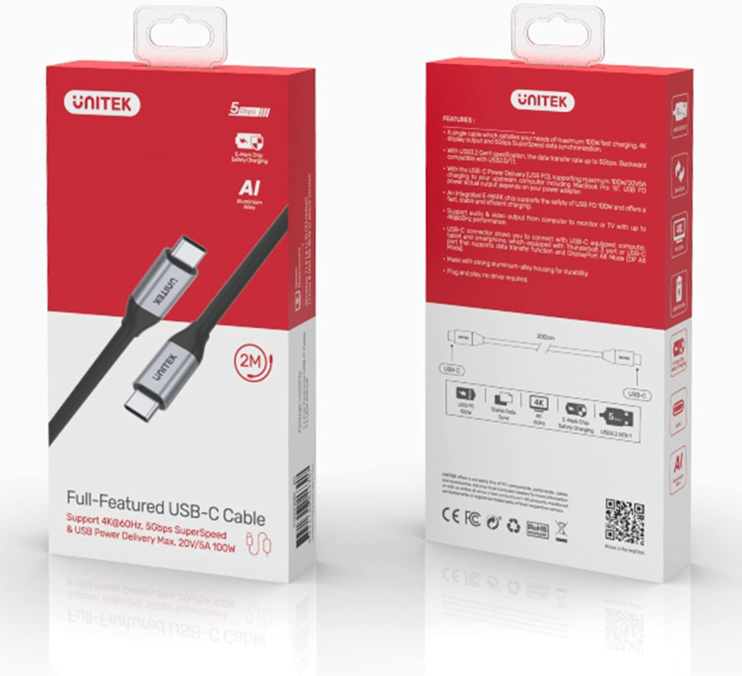 Unitek Type-C to Type-C 100W 2Mt 4K 5Gbps Görüntü Aktarımı Hızlı Şarj Kablosu C14091ABK