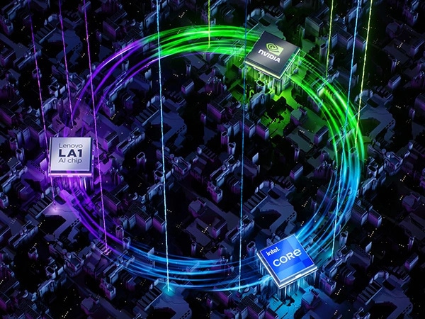 Lenovo LOQ 15IAX9 oyun dizüstü bilgisayarında dinamik ayar düzenlemelerini gösteren çizgilerle birlikte bir daire içinde LA1 AI çipi, Intel® Core™ CPU ve NVIDIA® GPU'nun yakın çekimleri