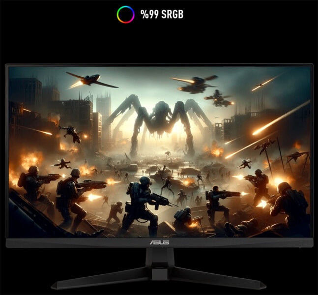 Yapay zeka savaş oyunu grafikleriyle büyük çatışma sahnesi, robot ve savaşçıların çatışması, futuristik şehir yıkımı ve yüksek tempolu savaş sahnesi, 4K gaming monitör görüntüsü.