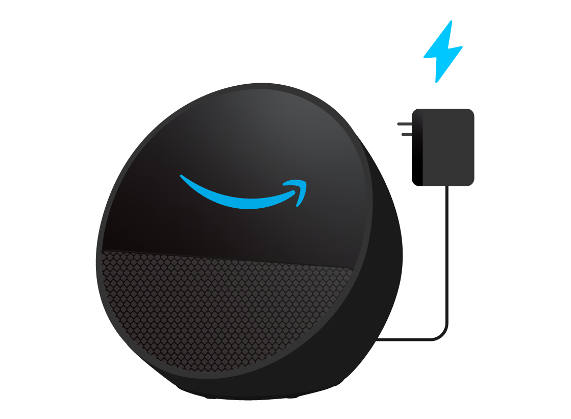 An Echo Spot with its plug, a lighting icon and a blue Amazon smile on the screen