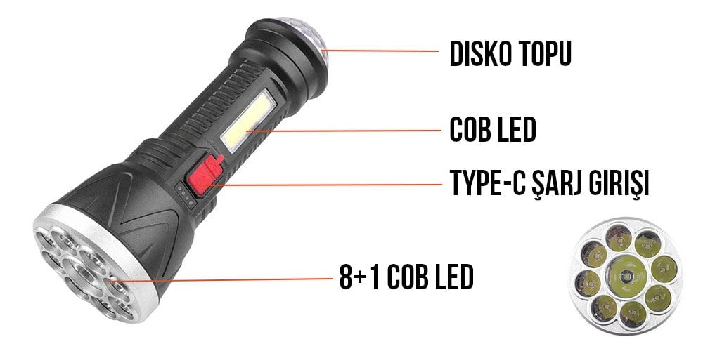 Powermaster CL-W09 9+1 Ledli + Mini Disko Toplu Şarjlı El Feneri 