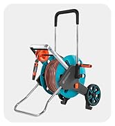 Teleskopik saplı, turkuaz ve gri tekerlekli bahçe hortumu makarası, entegre hortum rafı ve çekme mekanizması.