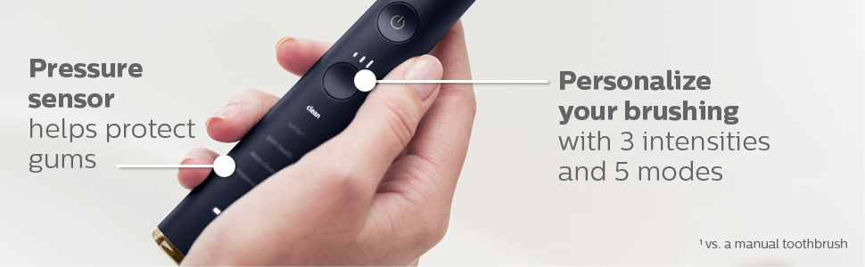 person holding handle of a dark blue toothbrush