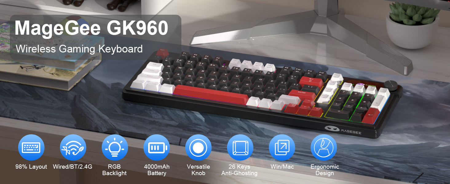 MageGee GK960 Tri-Mode RGB Membran Siyah-Bordo Gaming Klavye