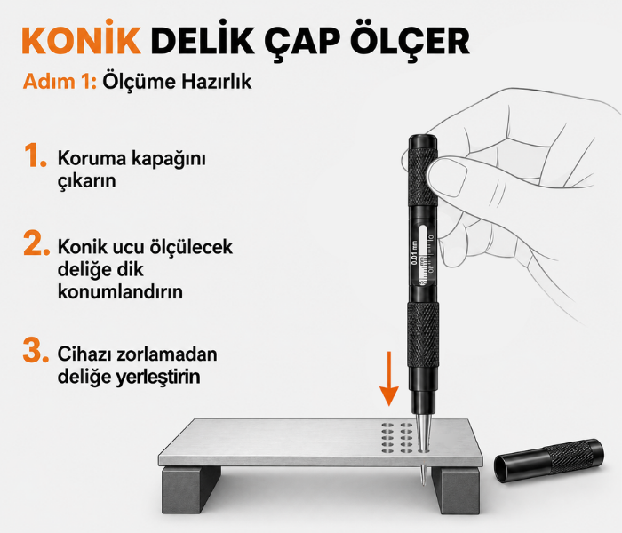 KC-05 konik ucun ölçülecek deliğe dik yerleştirilmesi