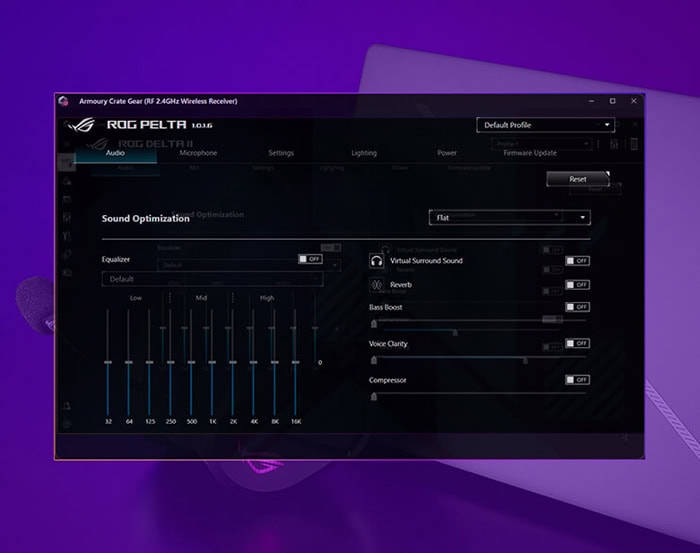 Gelişmiş ses ayarları ve optimizasyon seçenekleri ile oyun performansını artıran ROG PELTA ses ayar ekranı.