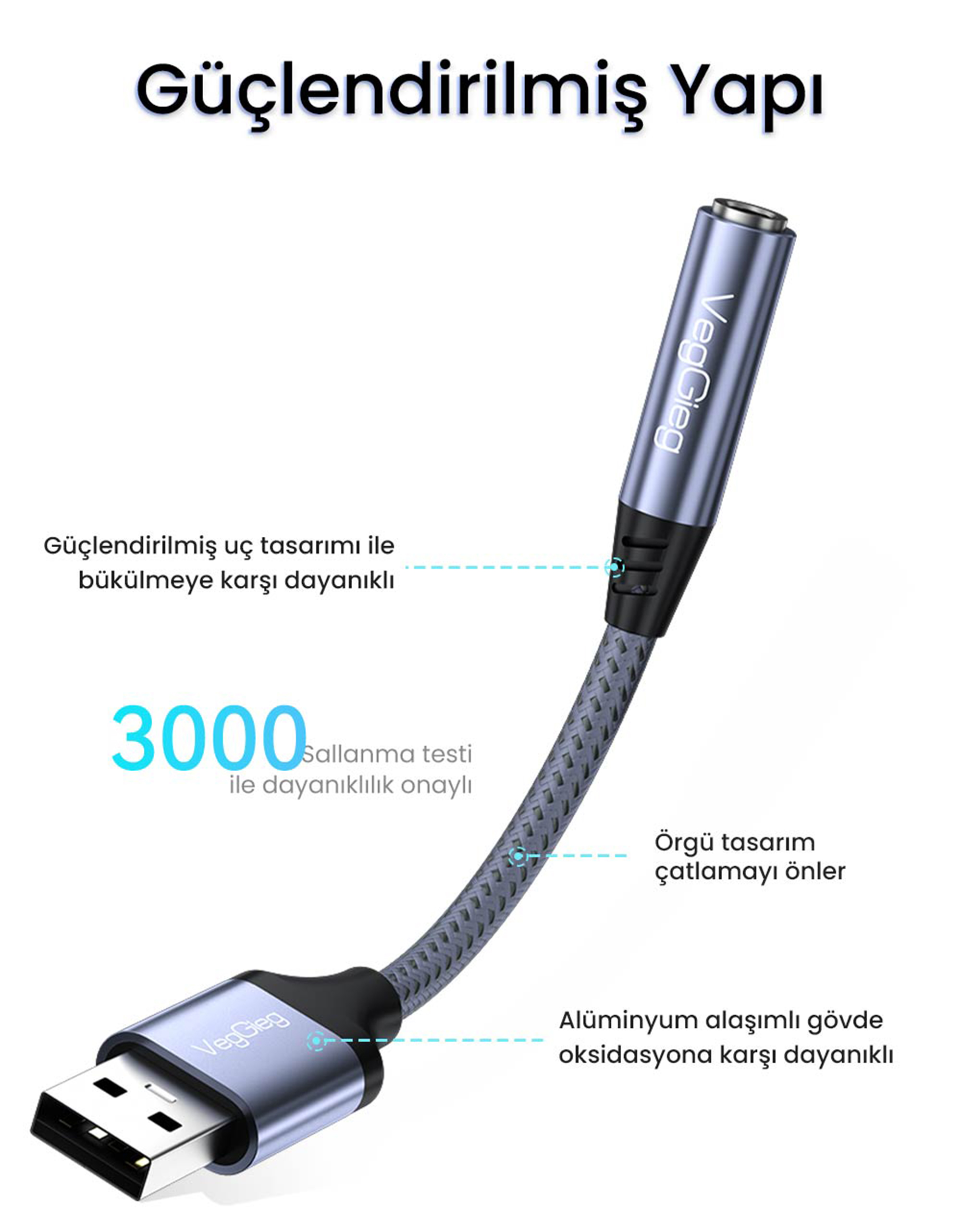 Veggieg Usb-A To 3.5mm Jack Aux Mikrofon Destekli Dac Chip Fiyatı