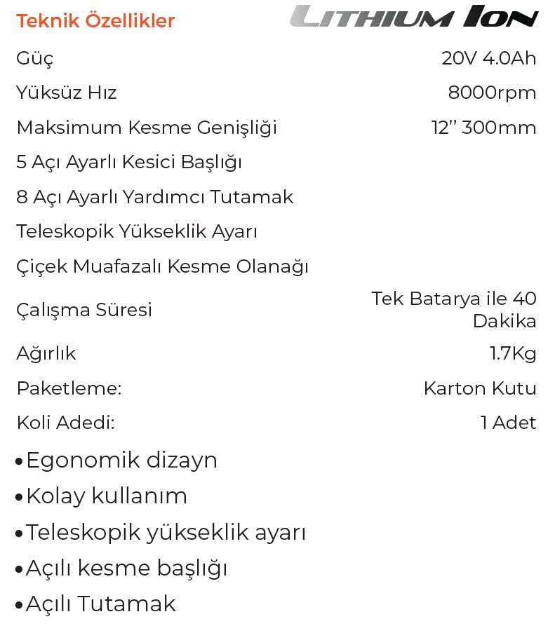 Max Extra MX7000 Akülü Tırpan 20 Volt 4 Ah