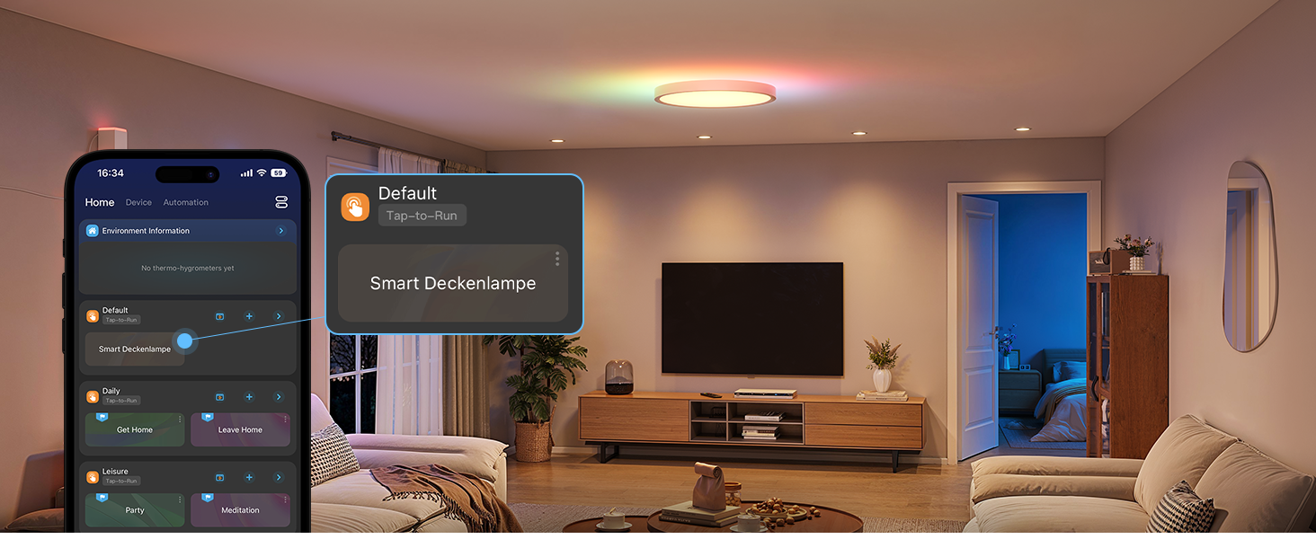 smart home interface on smartphone controlling living room with tv, couch, and lighting. app shows device status and controls for connected home appliances.