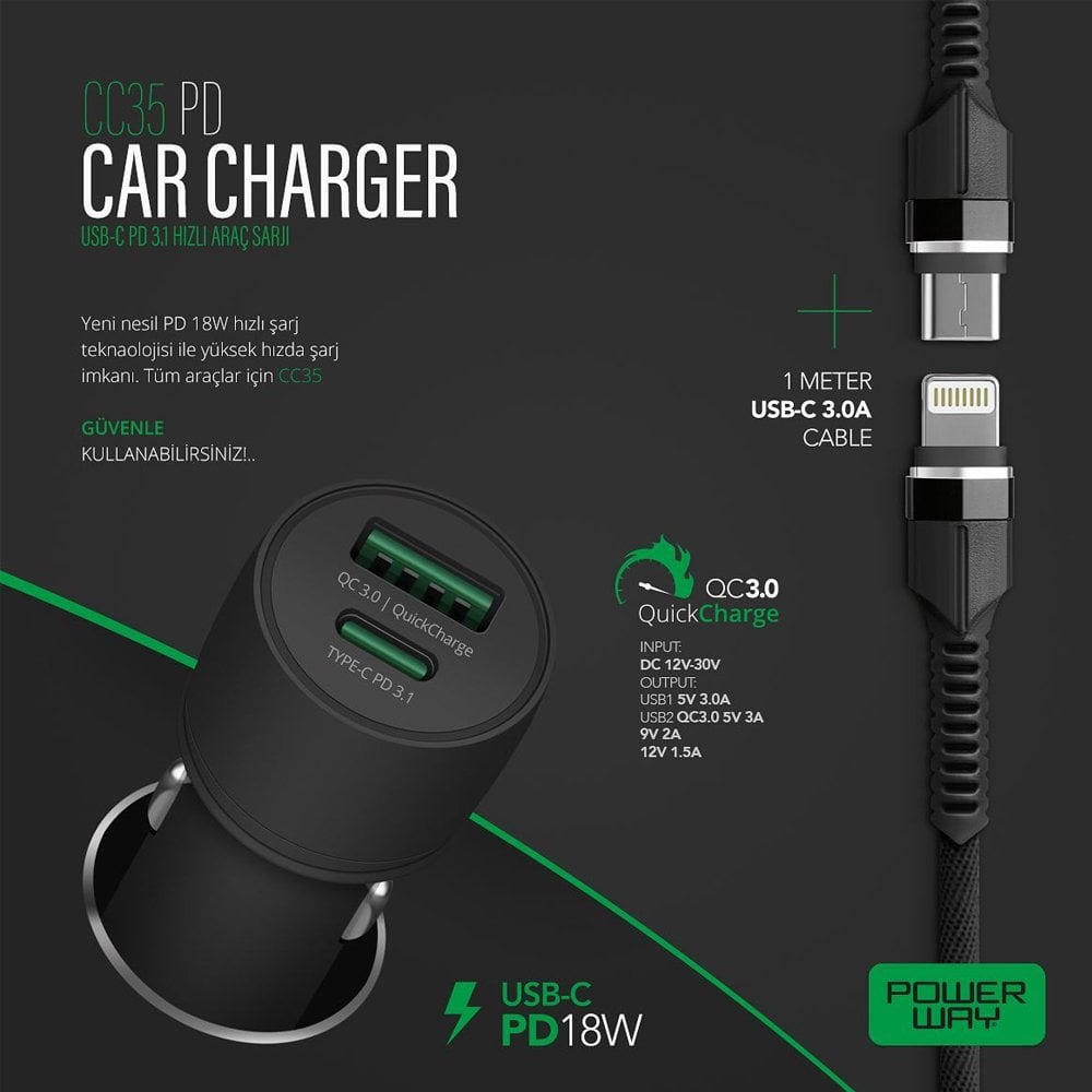 >Powerway CC35 Yeni Nesil USB-C (iPhone To Type-C) Araç Şarj Seti (PD18W