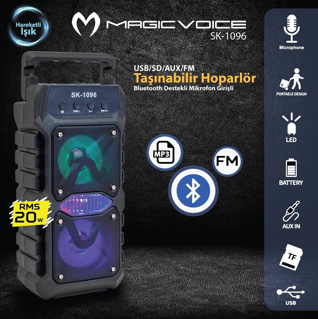 Magicvoice SK-1096 20 Watt USB/SD/AUX/FM/Bluetooth Destekli Mikrofon Girişli Taşınabilir Hoparlör