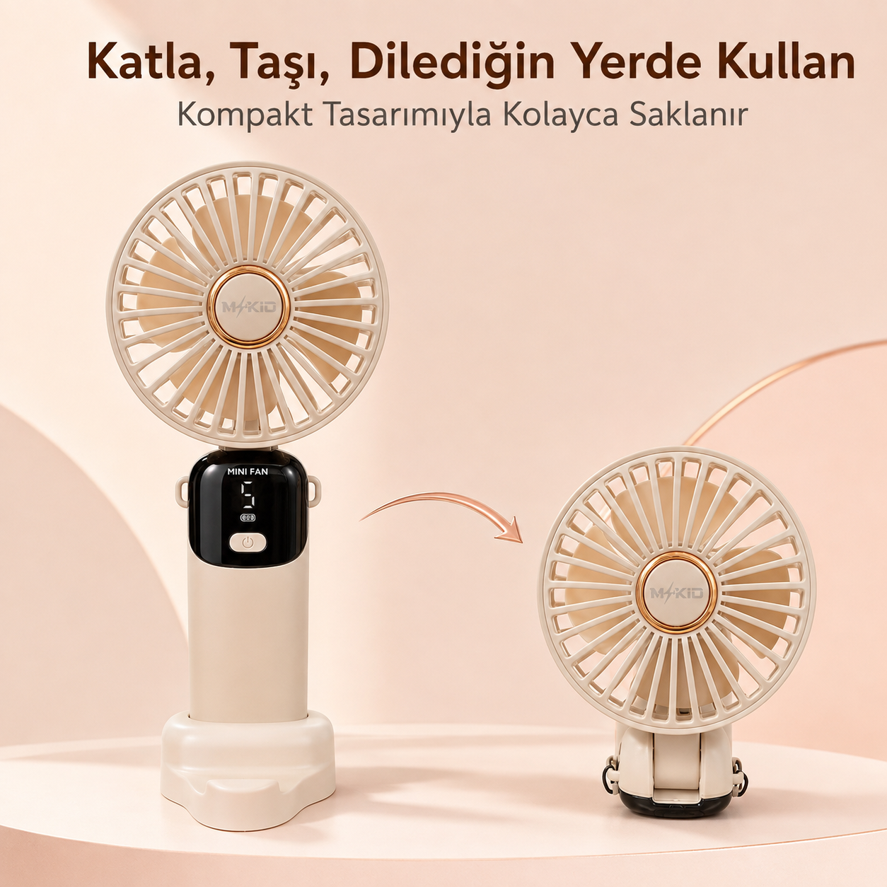 MKİO bej katlanabilir kompakt el fanı açık ve katlı kullanım
