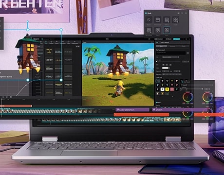 Masa üzerinde Lenovo LOQ Essential 15IRX11 oyun dizüstü bilgisayarı - önden görünüm, kapak açık, ekranda illustrator tipi bir uygulama açık ve uygulamanın öğeleri dışarı fırlamış gibi görünüyor.