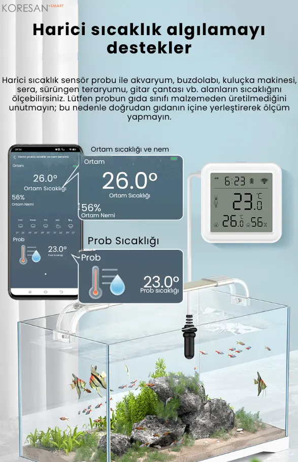 tuya zigbee ıp67 ekranlı ısı nem ölçer – harici prob – tm178 akvaryum harici sıcaklık algılama ve prob ölçümü