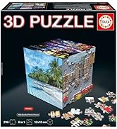 Metin, Educa marka logolu "3D PUZZLE" yazıyor. Ürün ambalajı, birden fazla parçayla birlikte tropik plaj ve şehir mimarisi temalı bir 3D yapboz göstermektedir.