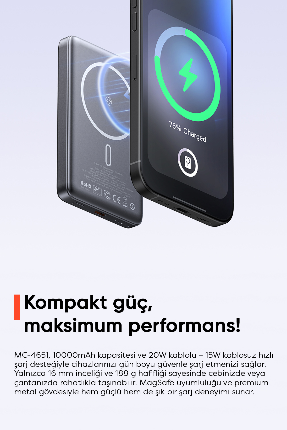 MC-4651 10000mAh 20W Metal Ultra İnce Manyetik Kablosuz Powerbank - Siyah Afişi