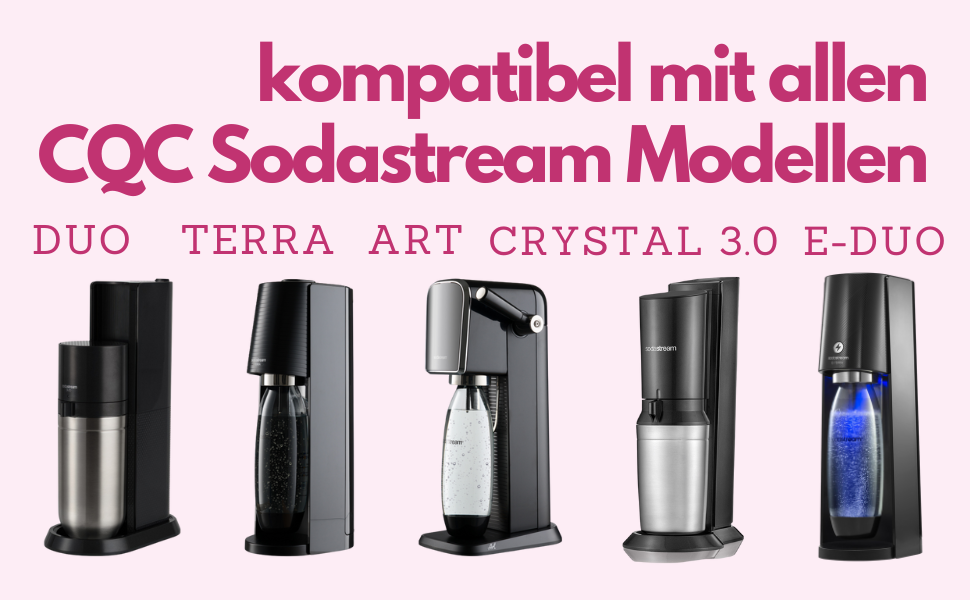 Fünf SodaStream-Karbonisierungsmaschinen, die hintereinander angezeigt werden. Zu den abgebildeten Modellen gehören Duo, Terra, Art, Crystal und E-Duo, was die Kompatibilität innerhalb der gesamten Produktlinie verdeutlicht