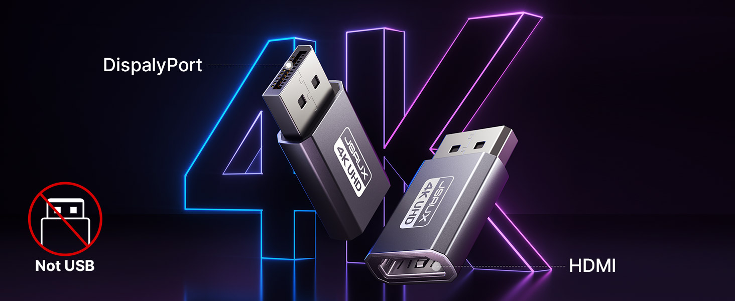 DisplayPort to HDMI adapter with neon blue and purple lighting effects, showing connection ports and 'Not USB' warning symbol.