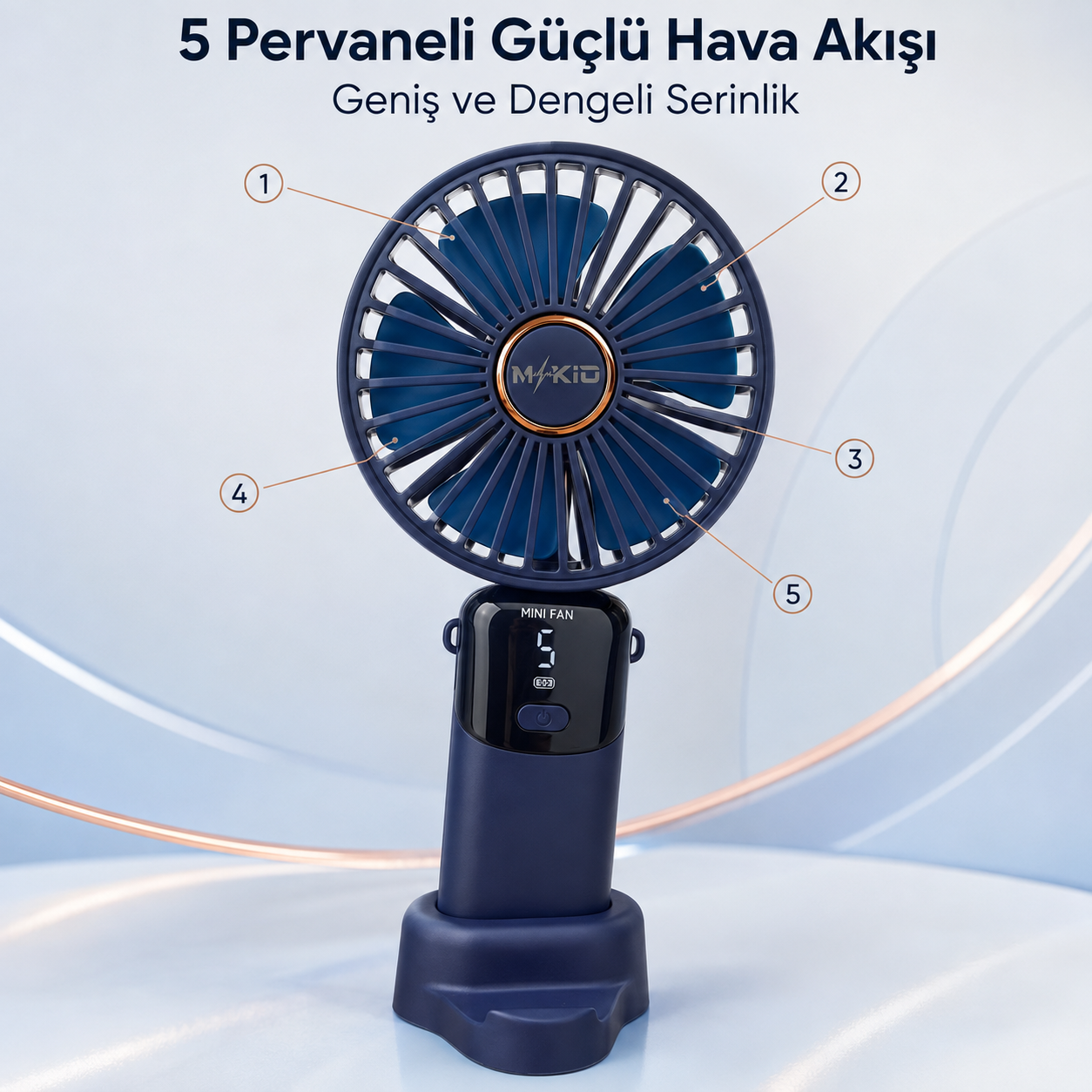 MKİO lacivert mini fan 5 pervaneli güçlü ve dengeli hava akışı