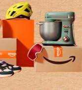 Amazon gülümseme logosuyla turuncu ve nötr arka planlara karşı mutfak aletleri ve aksesuarları içeren yaşam tarzı ürün resimleri koleksiyonu.
