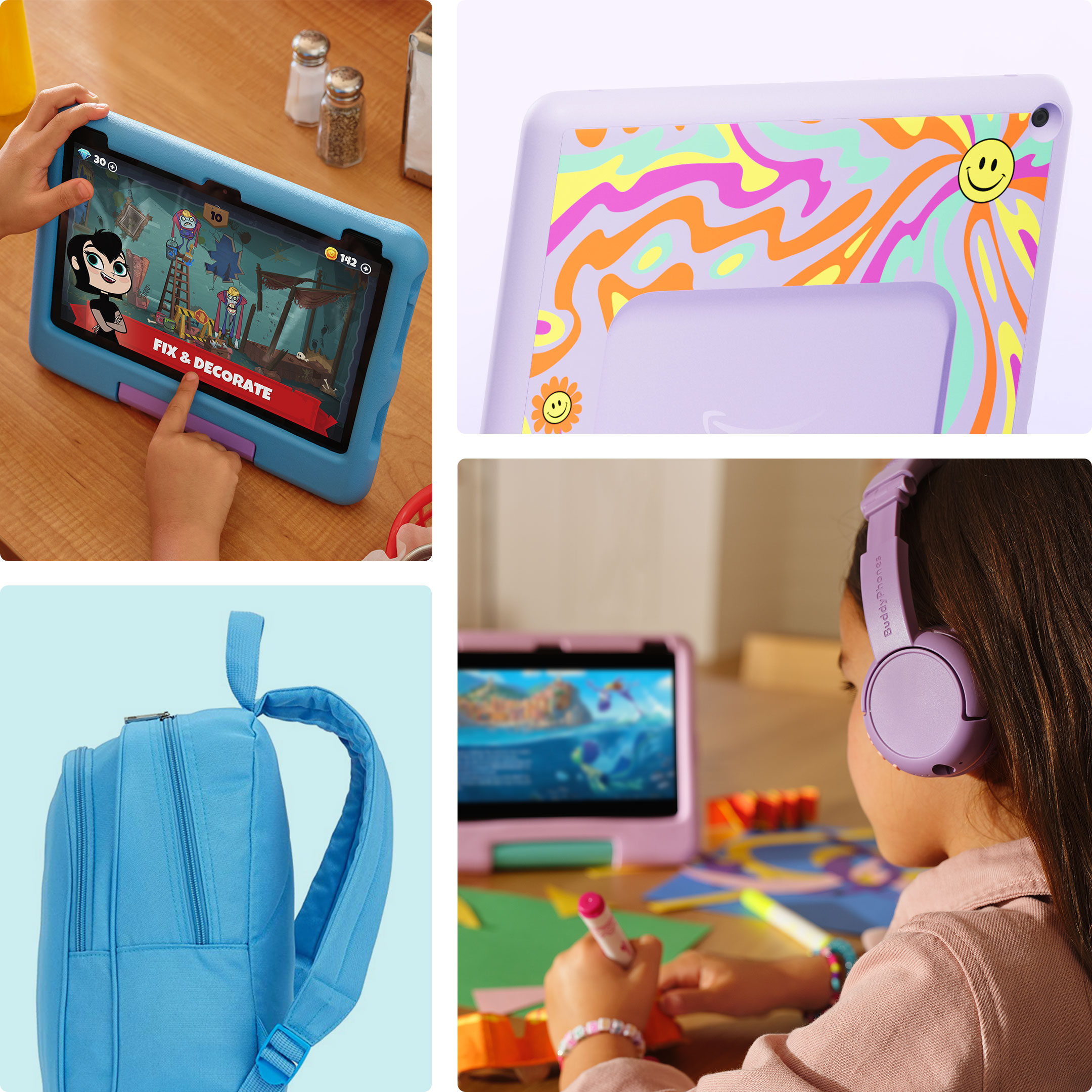 Mevcut aksesuarları gösteren dört görsel. Sol üst: Fire HD 10 Kids ekran koruyucu. Sağ üst: Pembe Fire HD 10 Kids Pro kılıfı. Sol alt: Mavi sırt çantası. Sağ alt: Pembe kulaklık.