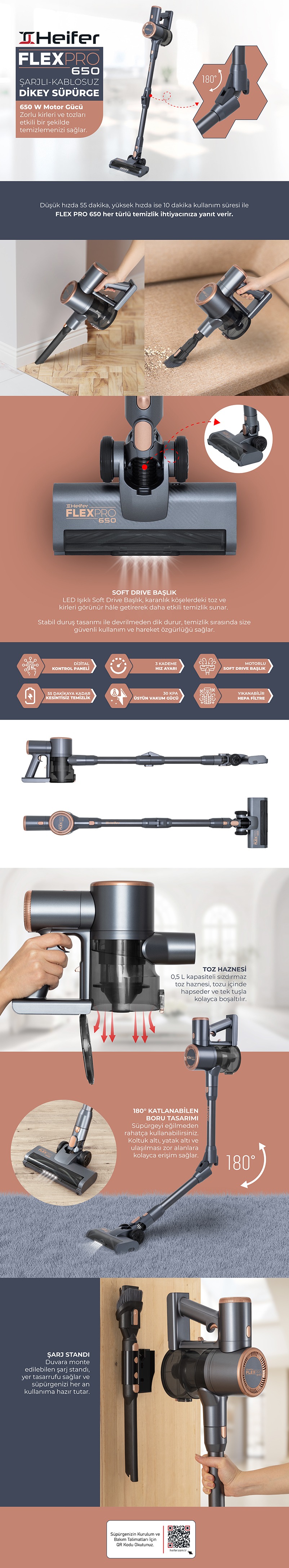 Heifer FlexPro 650 Watt Şarjlı Kablosuz Katlanabilir Dikey Süpürge