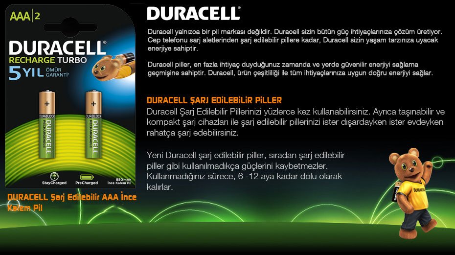 Duracell Şarjlı 900 mA İnce AAA Pil