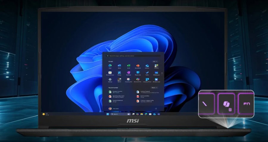 Yüksek performanslı MSI dizüstü bilgisayar ekranı ve teknoloji ikonları.