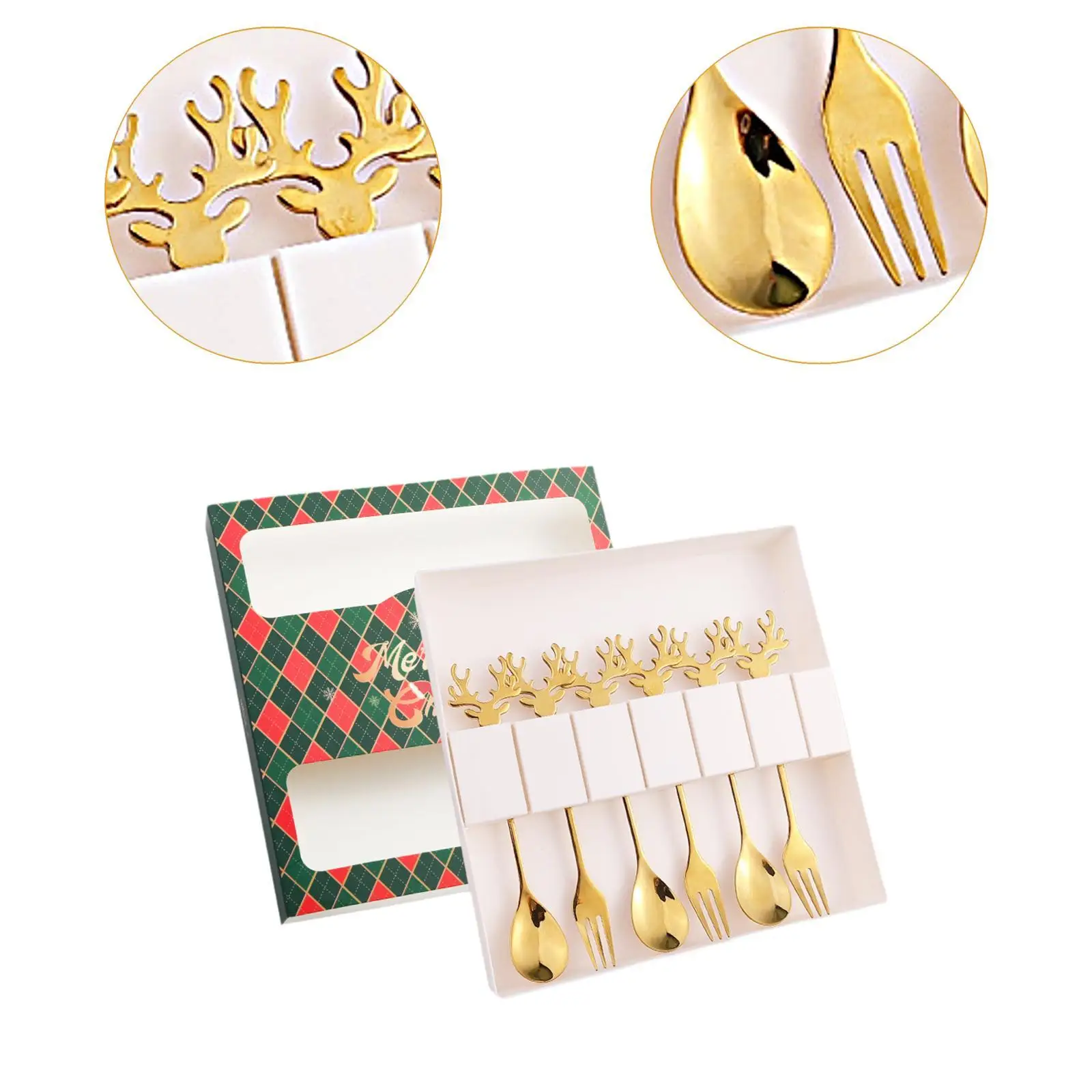 6 Parça Noel Kaşık Çatal Seti, Çatal Bıçak Takımı Tatlı Çatal ve Kaşık Çatal Bıçak Takımı, Paslanmaz Çelik Çay Partisi, Ev, Kek, Hediye