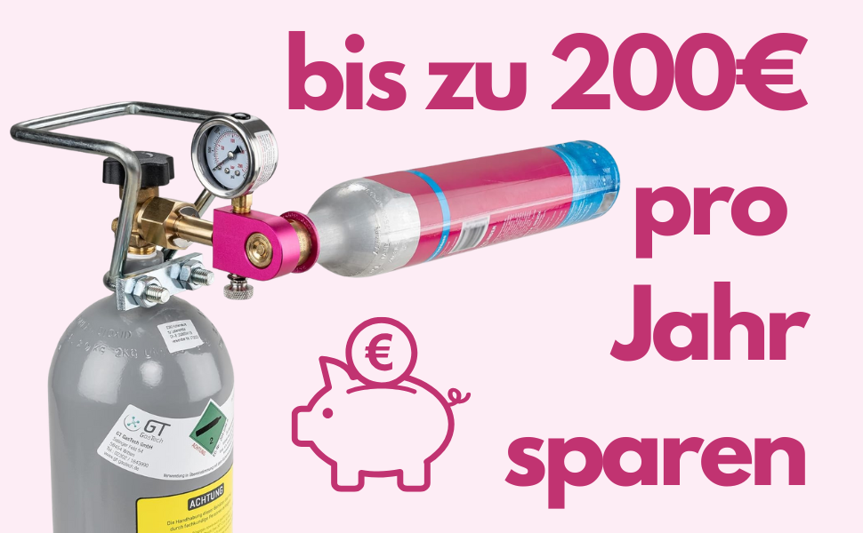 CO2-Flasche mit Manometer und Regler Rosafarbener Text: „bis zu 200€ pro Jahr sparen“ mit Sparschwein-Symbol. Werbebild für Kosteneinsparungen