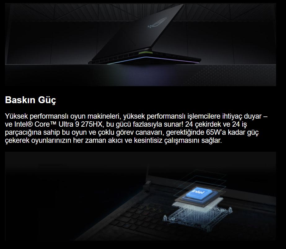 Koyu renkli bir dizüstü bilgisayar, arkası hafifçe açık. Klavyenin yakınında bir Intel işlemci gösterimi var.