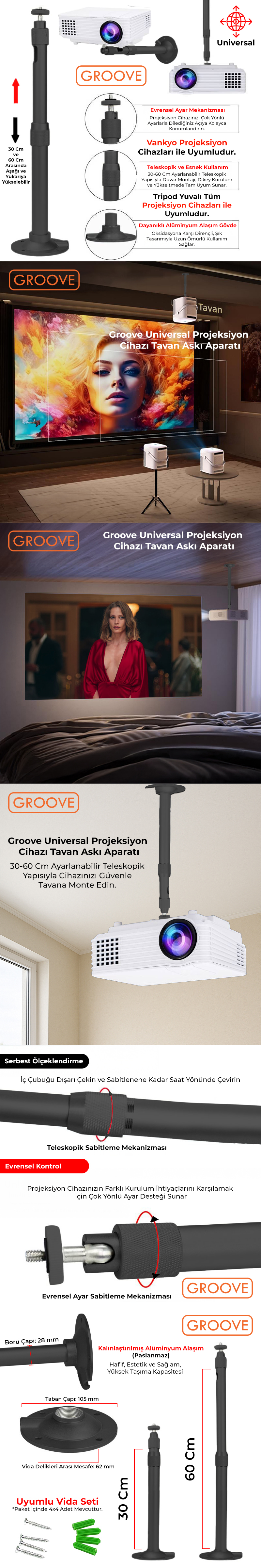 Vankyo Groove 30-60CM Alüminyum Projeksiyon Cihazı Tavan Askı Aparatı Duvar Bağlantı Aparatı Universal Projector Siyah (360° Dönebilen Tripod Yuvalı)