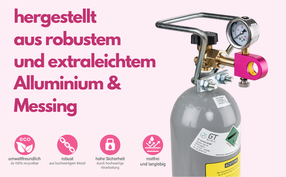 CO2-Behälter aus Aluminium mit Manometer und Messingventil. Zu den Merkmalen gehören eine umweltfreundliche, robuste Konstruktion, hohe Sicherheitsstandards und ein einfaches Nachfüllen. Der deutsche Text beschreibt Aluminium- und Messingwerkstoffe