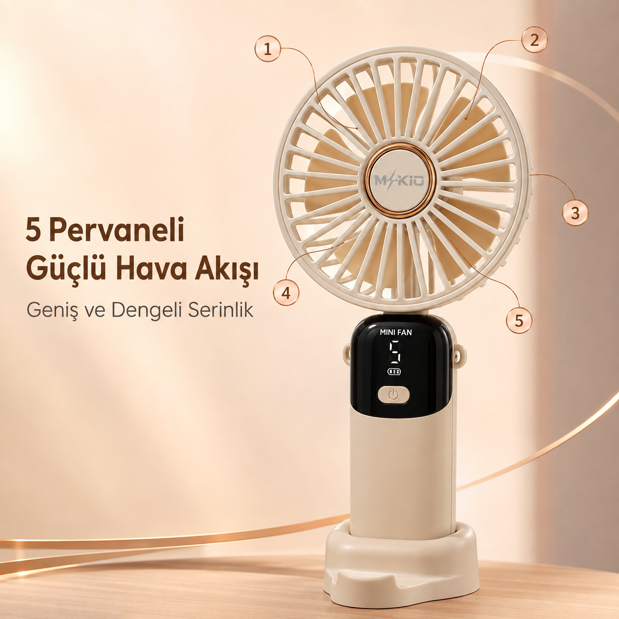 MKİO bej mini fan 5 pervaneli güçlü ve dengeli hava akışı