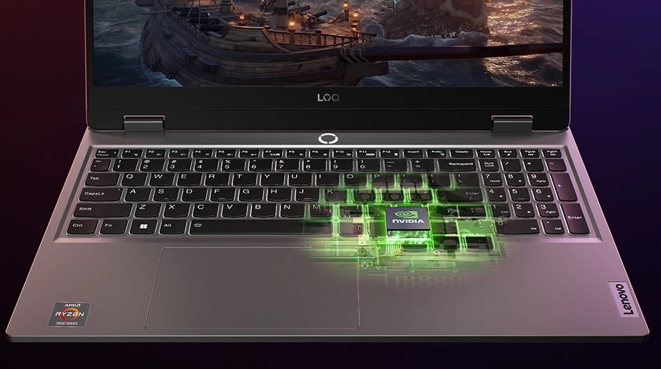 Lenovo LOQ 15ARP9'un klavyesinde NVIDIA GPU'nun ayrılabilir bir illüstrasyonu var