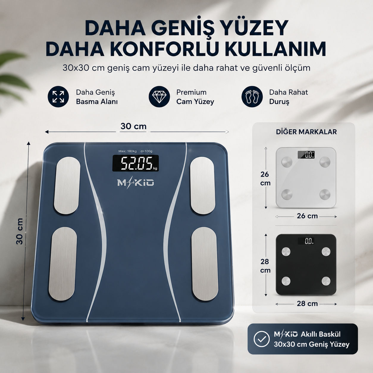MKİO 30 x 30 cm geniş yüzeyli akıllı baskül karşılaştırması
