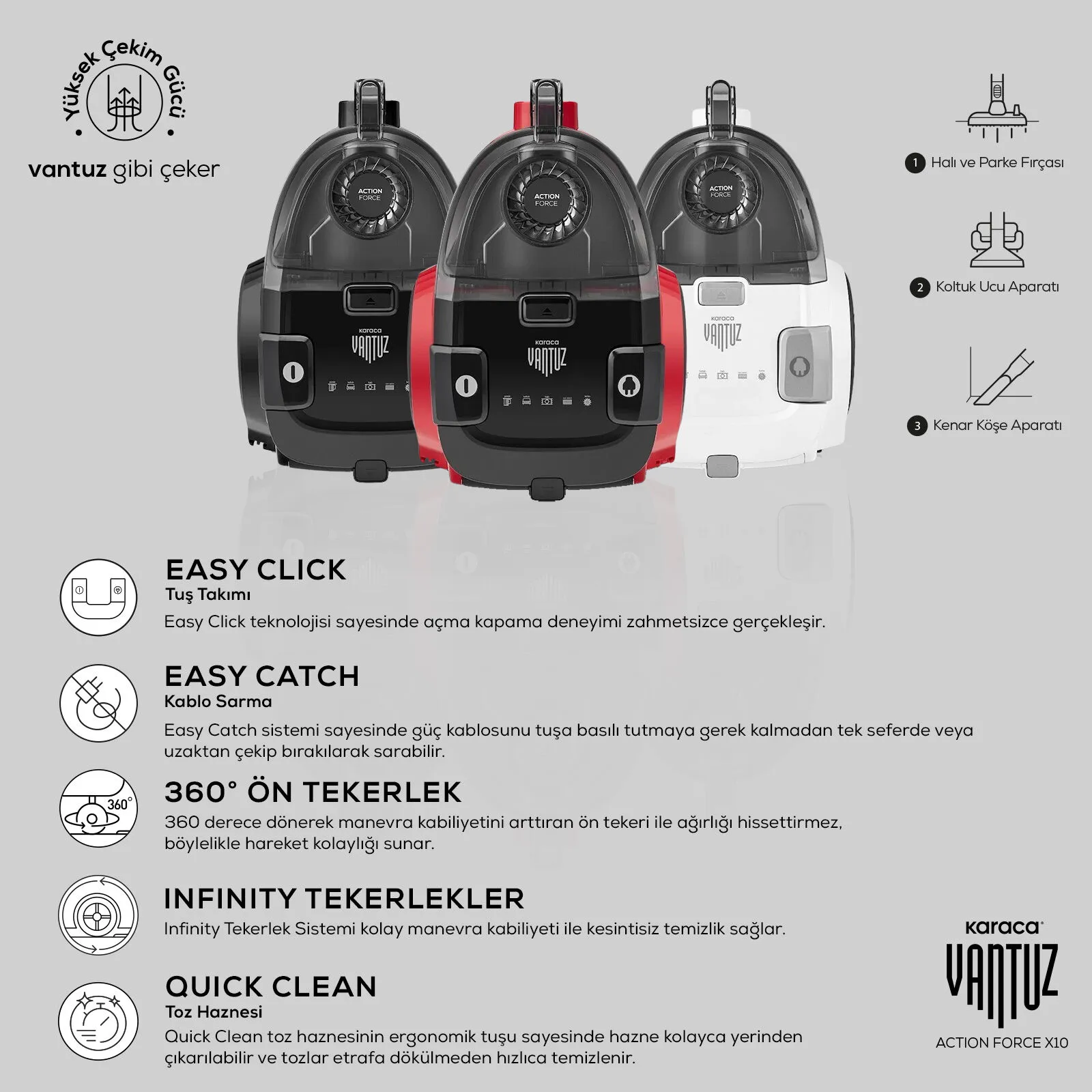 Vantuz Action Force X10 2 Lt Toz Torbasız Hazneli Elektrikli Süpürge Cherry Red 899 W
