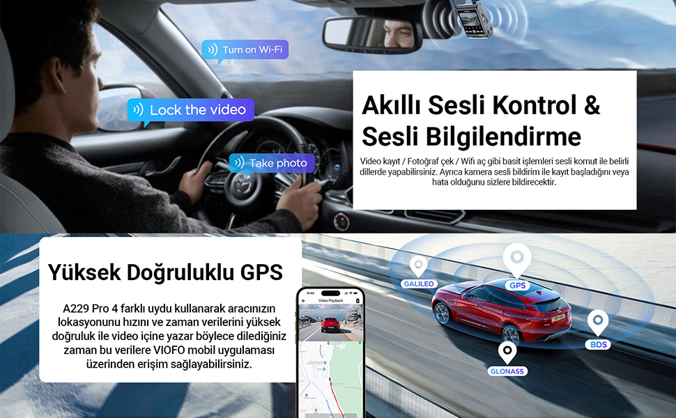Sesli bildirim,GPS, A229 pro,Wifi,Viofo,
