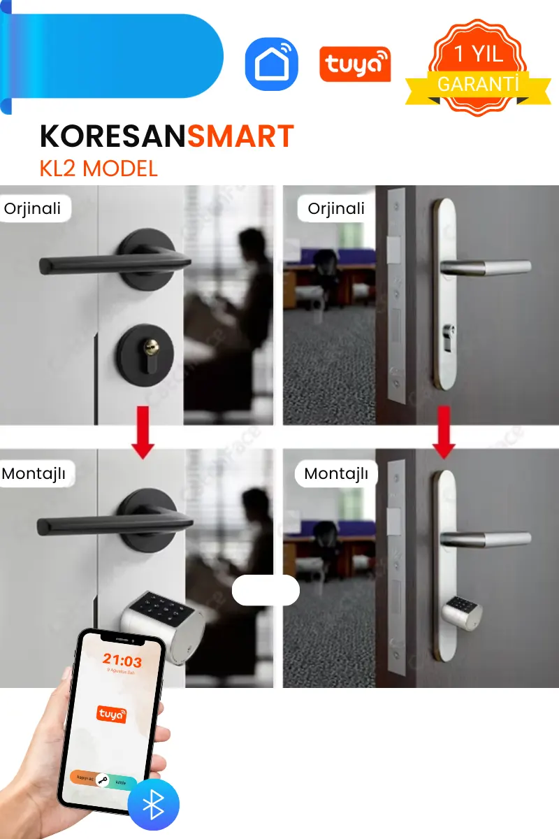 KL2 Model Parmak Izi, Şifreli ve Tuya Uygulamalı Akıllı Kapı Kilidi montaj görünümü