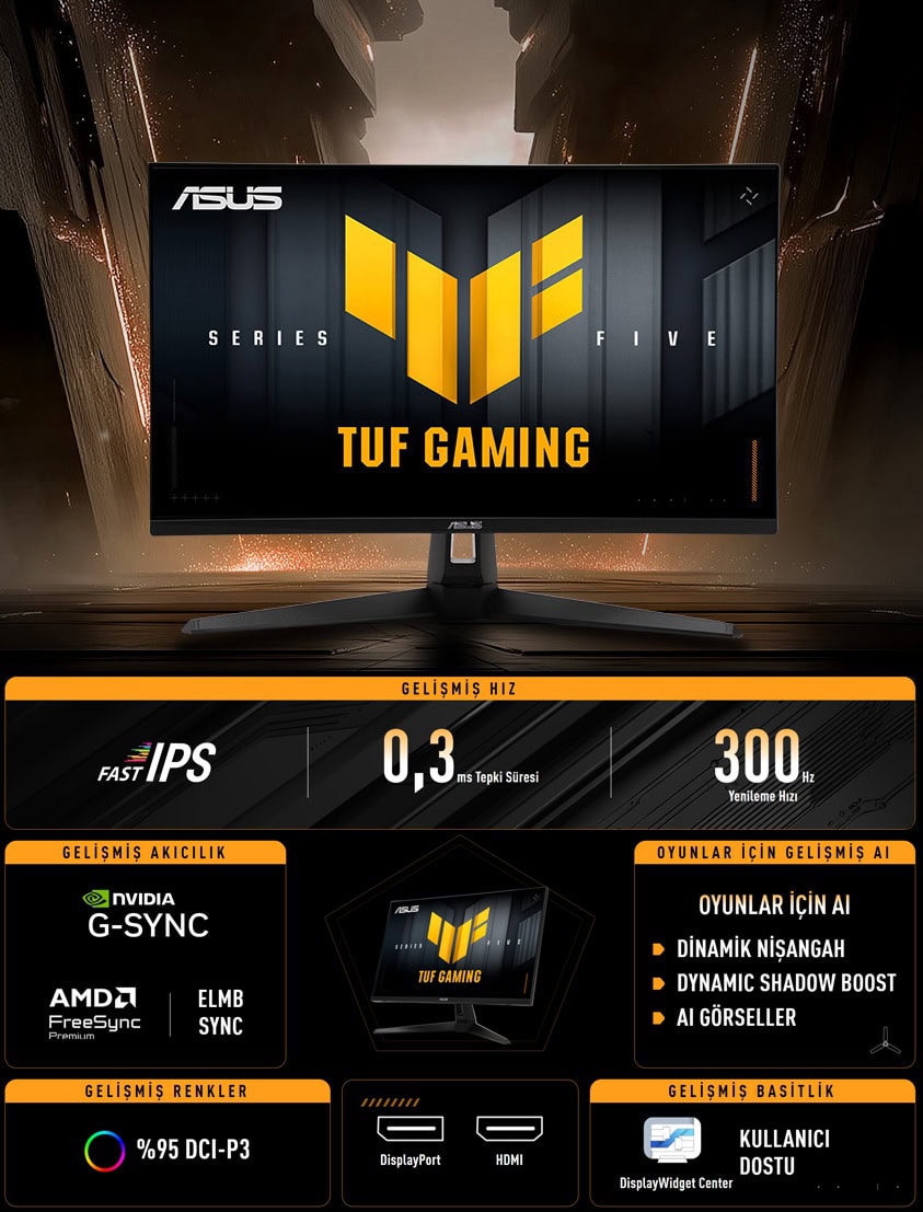Yüksek performanslı ASUS TUF Gaming monitör, hızlı tepki süresi ve 300Hz yenileme hızıyla profesyonel oyun deneyimi sunar, G-SYNC ve FreeSync desteği ile akıcı grafikler sağlar.